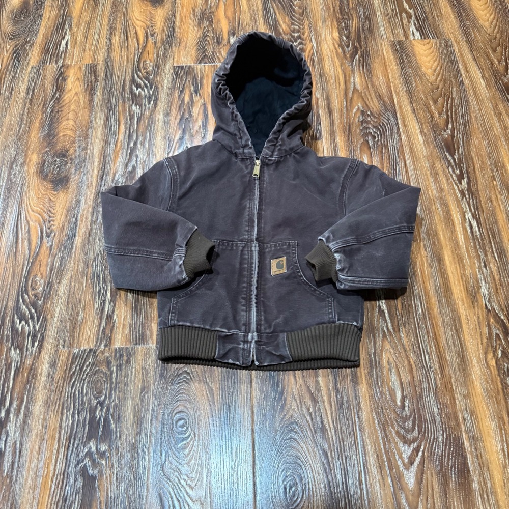 VTG Carhartt S 6/7 Hooded Jacket Coat Kids Dark Brown Distressed Canvas J130 DKB